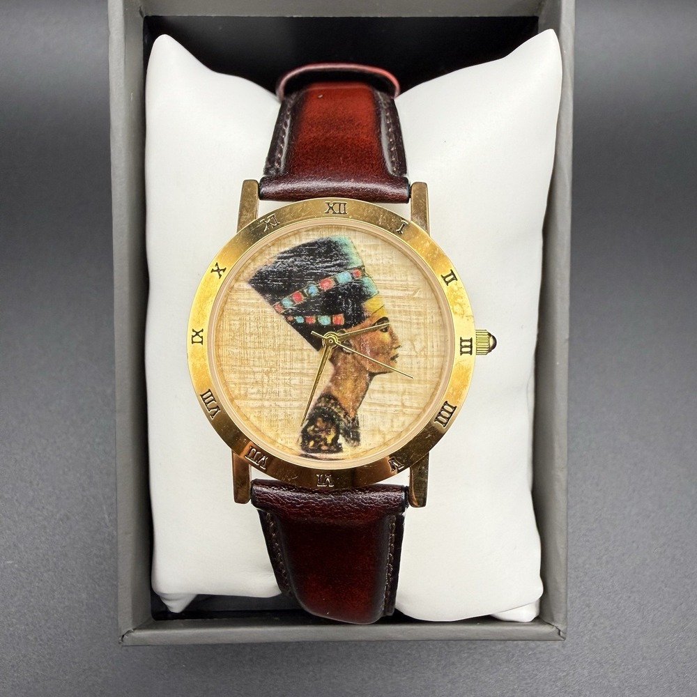 Egyptian Nefertiti Gold Tone Watch 18K Micron Plated Roman Bezel Needs Battery